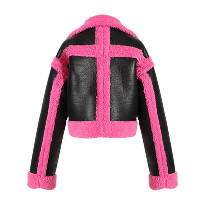 OUDINA Fashionable Winter Wholesale Cropped Contrast Color Motorcycle Jacket Faux Fur Coat Women