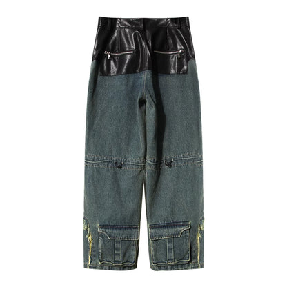 Motorcycle Vintage PU Leather Baggy  Denim Trousers  