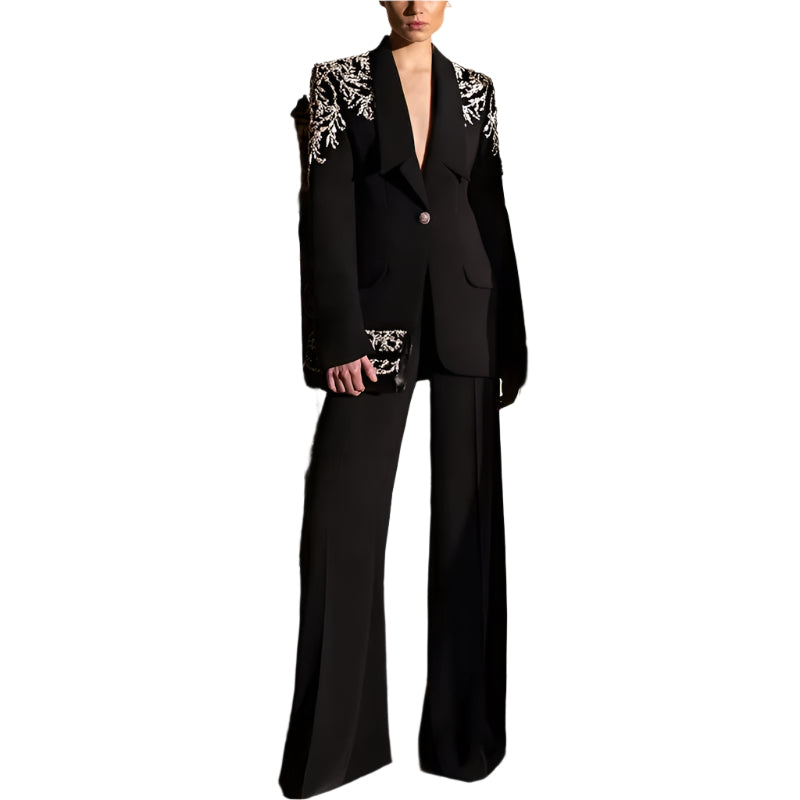 OUDINA New Elegant Rhinestones Beaded Diamond Single Button Suits Blazer Pants Two Piece Sets Women'S Suits & Tuxedo