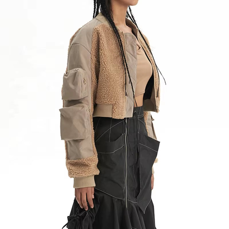 OUDINA Fashionable Multi-Pocket Fur Zipper Lamb Wool Winter Flight Jackets Cargo Coat Women Bomber Jacket