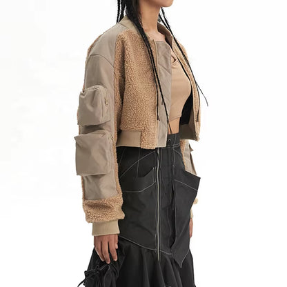 OUDINA Fashionable Multi-Pocket Fur Zipper Lamb Wool Winter Flight Jackets Cargo Coat Women Bomber Jacket