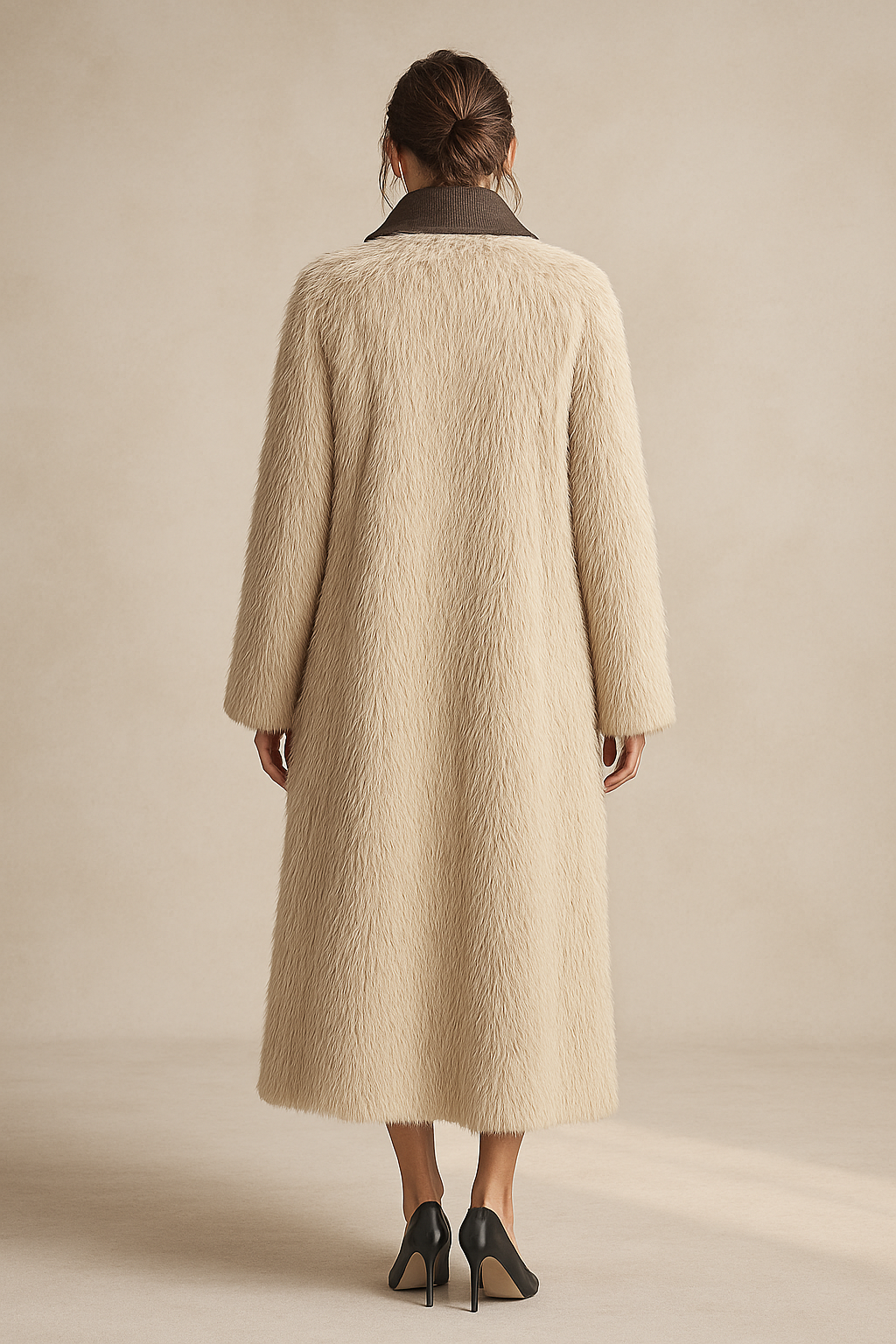 Faux Fur Longline Coat with Contrast Lapel