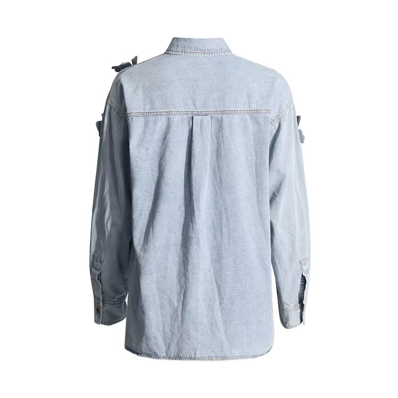 OUDINA Fashion Solid Washed Faded Splice Embroidered Jackets Flower Decoration Women Denim Jackets Casual Women'S Jackets