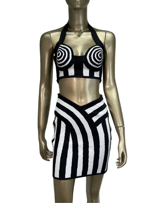 OUDINA Women New Sexy Two Piece Hollow Out Short Crop Top Casual Bodycon Dresses Club Dress Sets