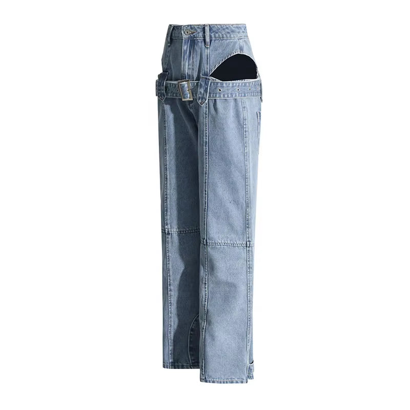 OUDINA Hot Style New Straight Fit Jeans Sexy Hollow Waist-Baring Lace-Up Denim Solid Color Pants for Women