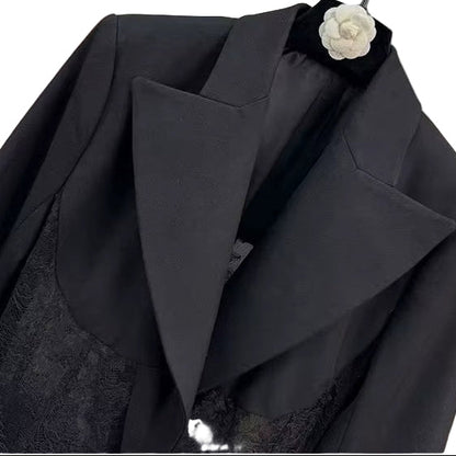 OUDINA New Style See-Through Waist Lace Elegant Casual Long Sleeve Ladies Tuxedo Blazers Jacket Blazer Women