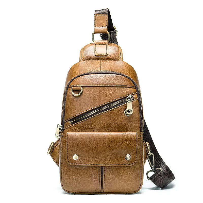 MARRANT Travel Hiking Leather Sling Bag Men Crossbody Shoulder Chest Daypack Genuine Leather Crossbody Bag Chest Bags for Men
