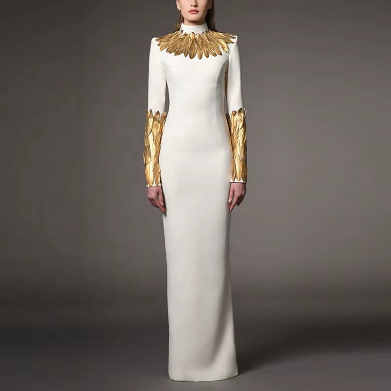 OUDINA Ready Stock 3XL plus Size Gold Feather Decoration Long Dresses Dinner Party Elegant Evening Dress for Women