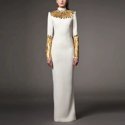 OUDINA Ready Stock 3XL plus Size Gold Feather Decoration Long Dresses Dinner Party Elegant Evening Dress for Women