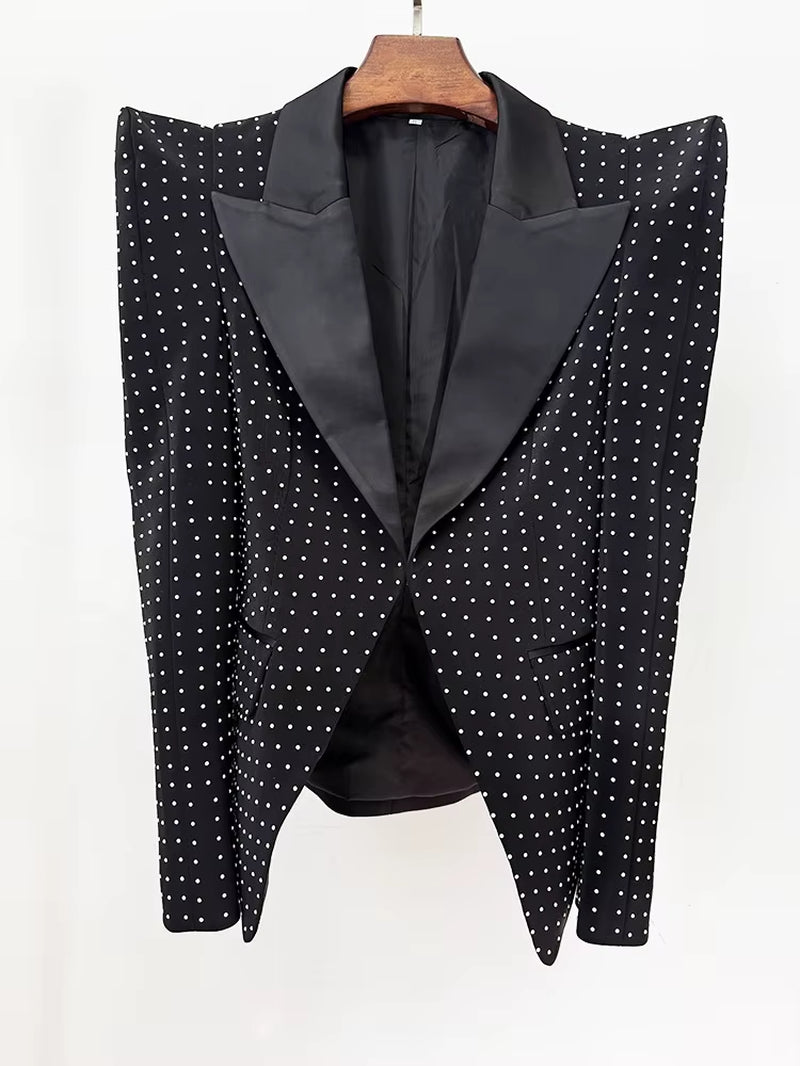 OUDINA Fashion Luxury Style Elegant Blazer Lapel Waist Slim Diamond Rhinestones Suit Jacket Blazers for Ladies