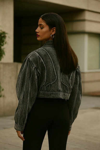 Sculpted Wave Cropped Denim Jacket - Elevate Your Wardrobe with Unique Style