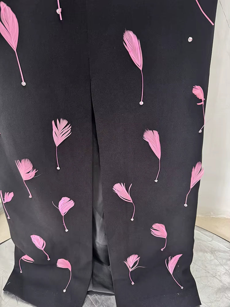 OUDINA New Trendy Luxury Feather Decoration Backless Long Evening Dress Lady Elegant Party Elegant Dresses for Women