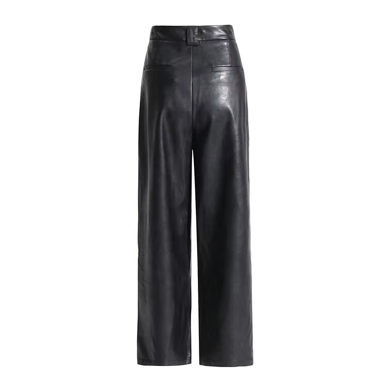 OUDINA Street Style High Waist Skinny Denim Casual Trousers Black PU Leather Pant Women'S Leather Pants