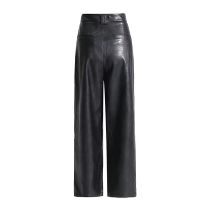 OUDINA Street Style High Waist Skinny Denim Casual Trousers Black PU Leather Pant Women'S Leather Pants