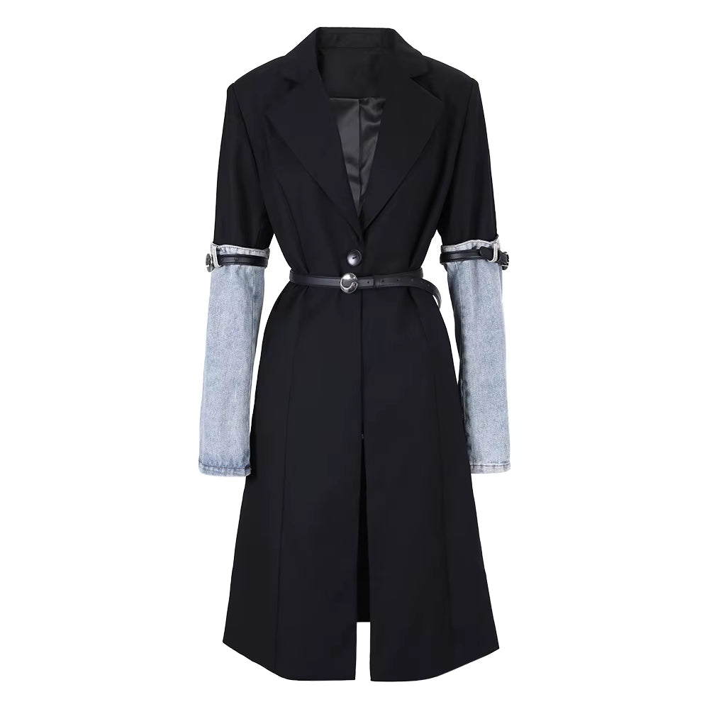 OUDINA New Color Contrast Patchwork Denim Trench Coat Belt Waisted Blazer Long Jacket for Women