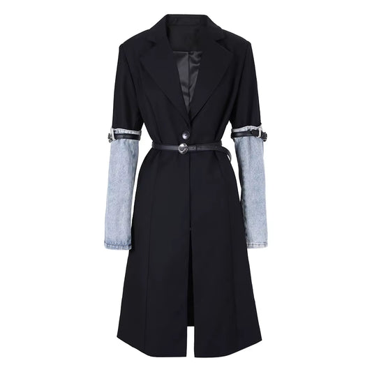 OUDINA New Color Contrast Patchwork Denim Trench Coat Belt Waisted Blazer Long Jacket for Women