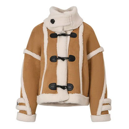 OUDINA Fashion Loose Lamb Plush Horn Buckle Thick Winter Coats Ladies Women Fur Coats