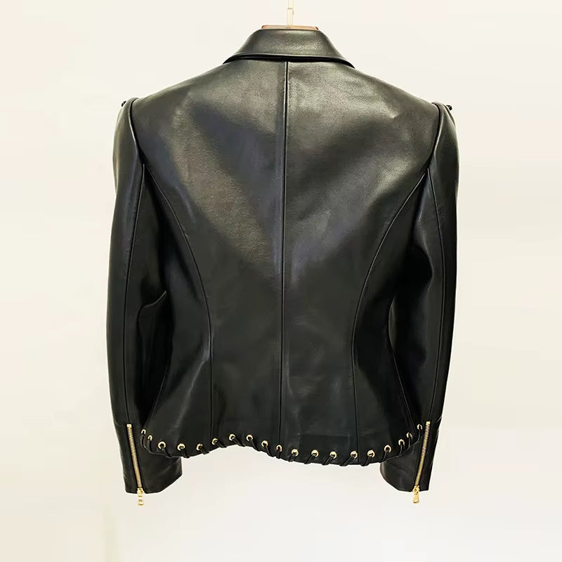 OUDINA Trendy Wholesale Supplies Eyelet Rope Drawstring Slim Suit Jacket Coat Women'S Blazer PU Leather Jacket