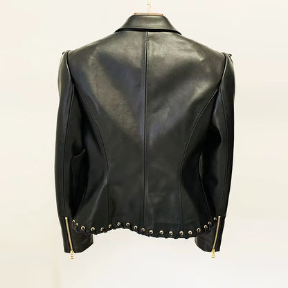 OUDINA Trendy Wholesale Supplies Eyelet Rope Drawstring Slim Suit Jacket Coat Women'S Blazer PU Leather Jacket