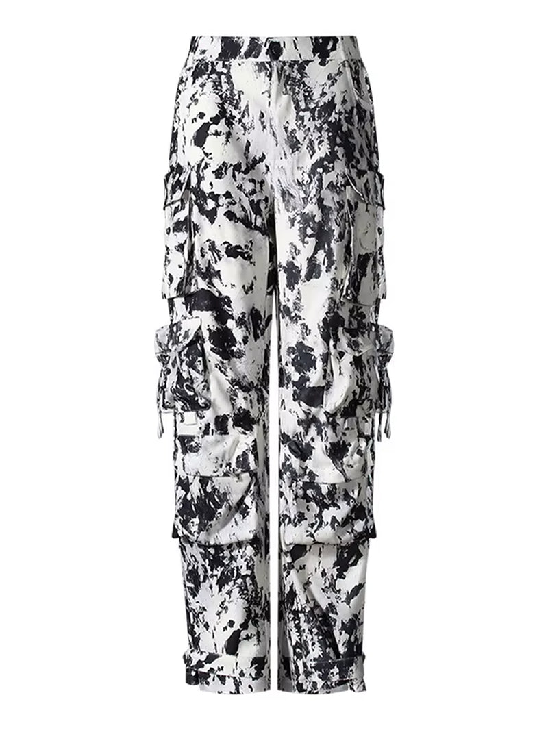 OUDINA Streetwear Camouflage Print Cargo Pants Comfortable Multi Pocket Straight Pants for Women Casual Cargo Pants