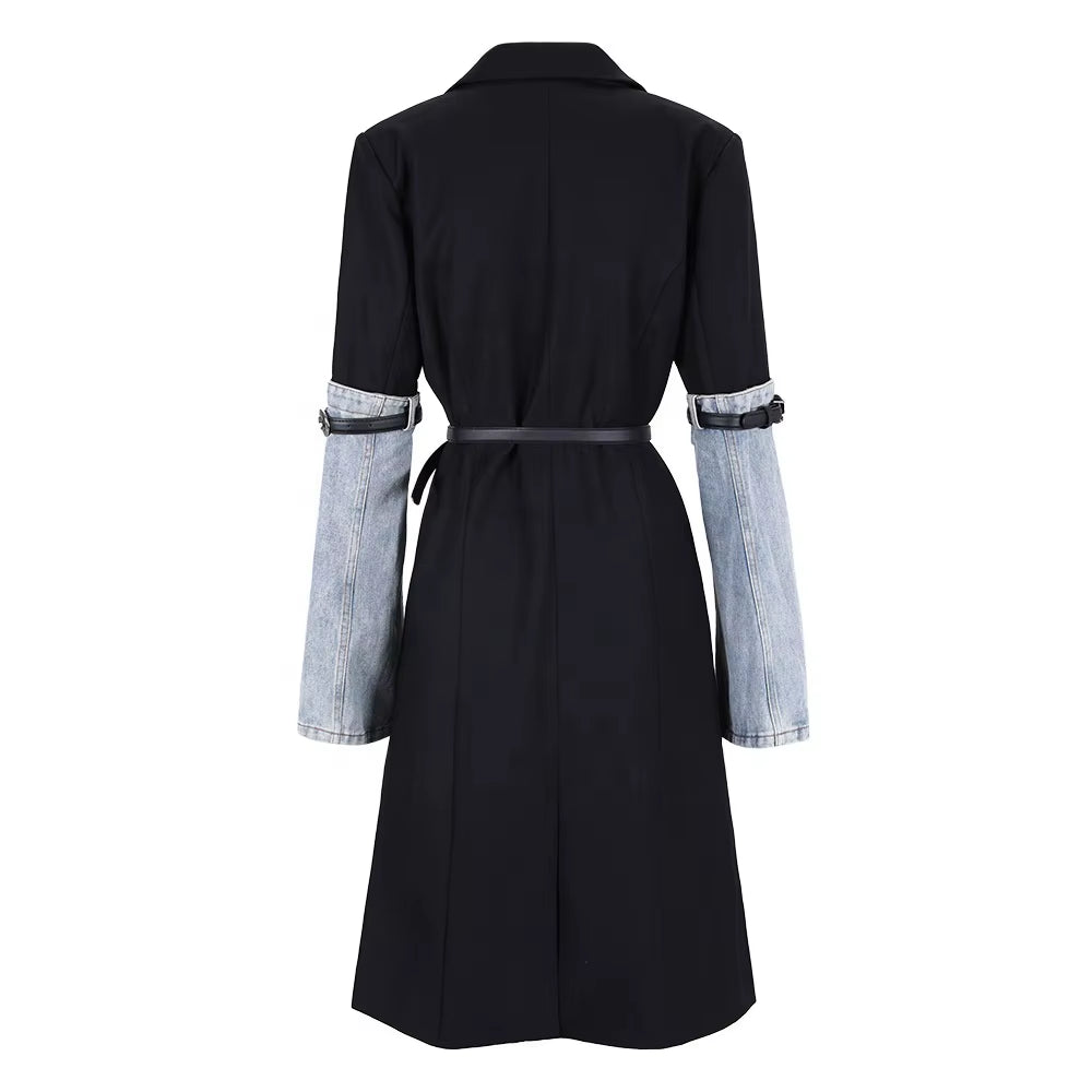 OUDINA New Color Contrast Patchwork Denim Trench Coat Belt Waisted Blazer Long Jacket for Women