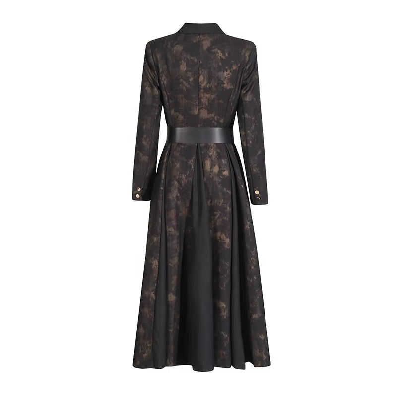 OUDINA Fashion High-End V-Neck Belt Print Long Lady Trench Coats Elegant Trench Coat Women Casual Coats