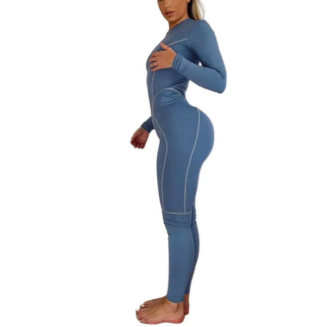 OUDINA Fashion Printing round Neck Long Sleeve High Waist Tights Rompers Jumpsuit Women