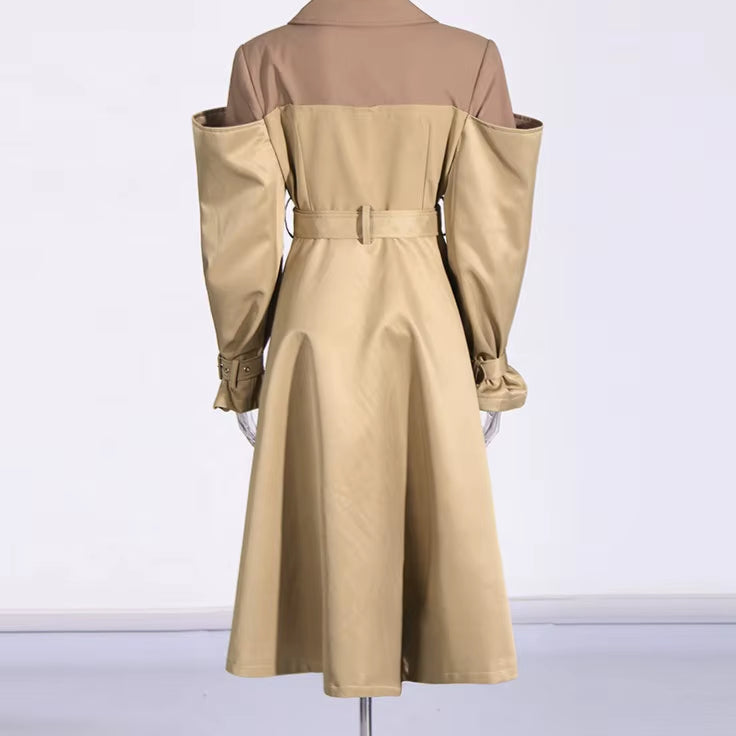 OUDINA Fashion Splice Contrast Color Long Double-Breasted Sashes Elegant Coat Casual Trench Coat Simple Women'S Coats