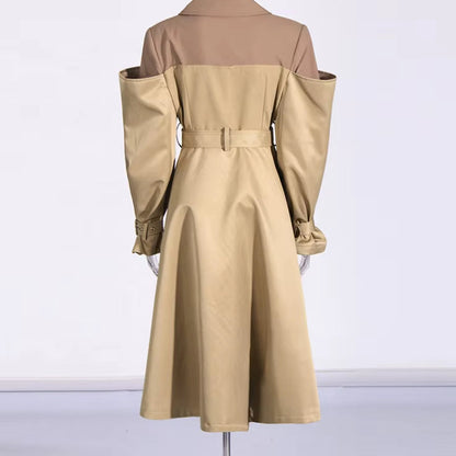 OUDINA Fashion Splice Contrast Color Long Double-Breasted Sashes Elegant Coat Casual Trench Coat Simple Women'S Coats
