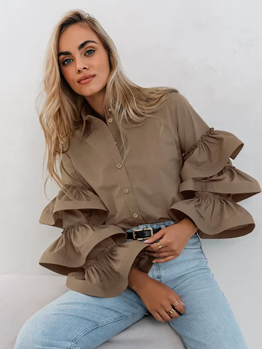 OUDINA New Arrivals Niche Design Sense White Shirts Solid Color Casual Long Sleeve Women Shirt