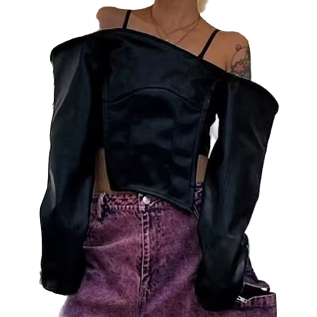 OUDINA New One-Word Collar Off-The-Shoulder Short Women'S Shirt PU Leather Top Women Shirts Blouses and Tops