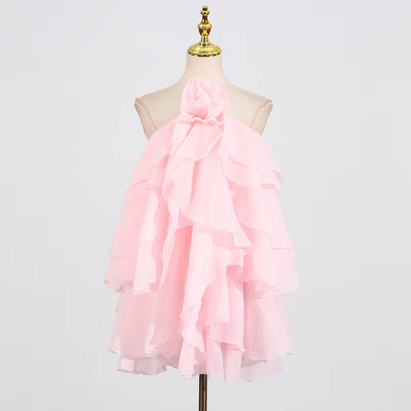 OUDINA New Women Clothing Halter Neck Three-Dimensional Flower Sleeveless Dresses Summer Dress for Women