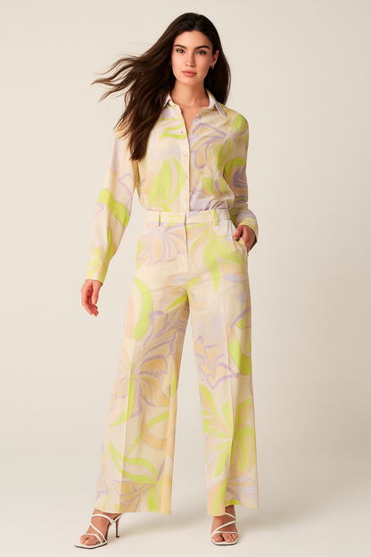 Chic Manhattan Vintage Casual Printed Shirt & Straight Pants Set for Effortless Elegance
