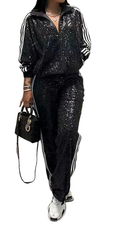 OUDINA Drop-Shipping Fashionable Sequin Pants Suit Autumn Casual Two Piece Set Women Clothing