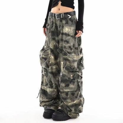  Style High Waist Multi Pocket Fashion Ink Splash Wide Leg Cargo Pants Jeans