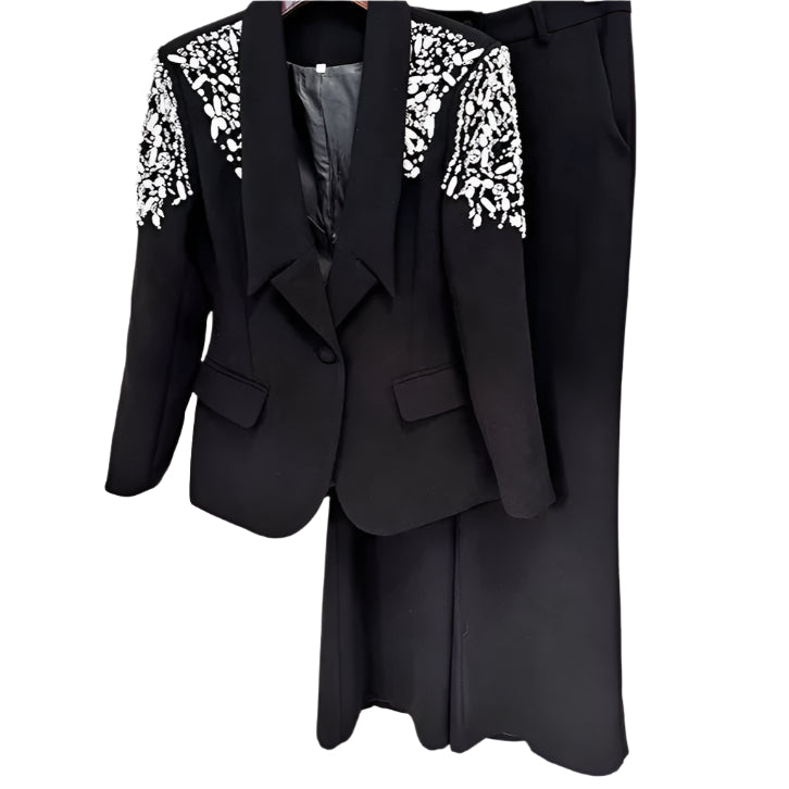 OUDINA New Elegant Rhinestones Beaded Diamond Single Button Suits Blazer Pants Two Piece Sets Women'S Suits & Tuxedo