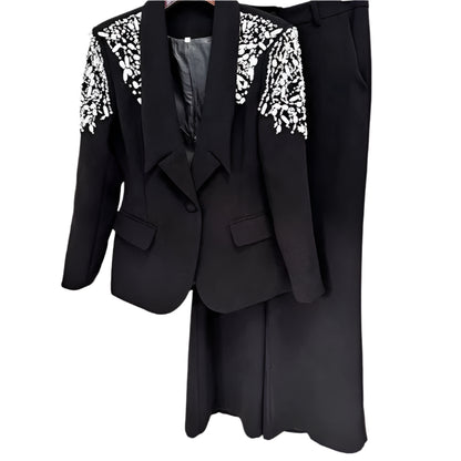 OUDINA New Elegant Rhinestones Beaded Diamond Single Button Suits Blazer Pants Two Piece Sets Women'S Suits & Tuxedo