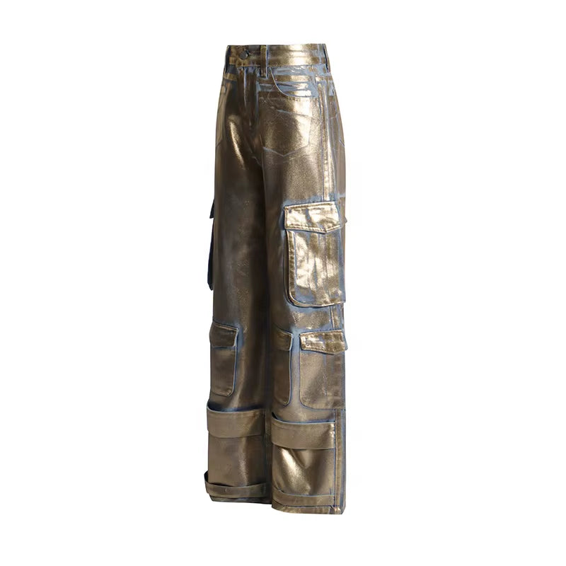 OUDINA Fashionable Workwear Style Straight Leg Pants New Design Hot Stamping Multi Pocket High-Waisted Jeans for Women