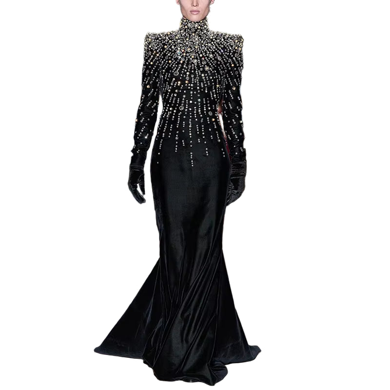 OUDINA 2025 Star Stylish Luxury Long Sleeve Rhinestones Beaded Diamond Gold Velvet plus Size Maxi Long Women Evening Dresses