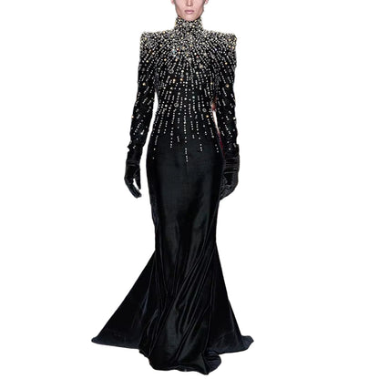 OUDINA 2025 Star Stylish Luxury Long Sleeve Rhinestones Beaded Diamond Gold Velvet plus Size Maxi Long Women Evening Dresses