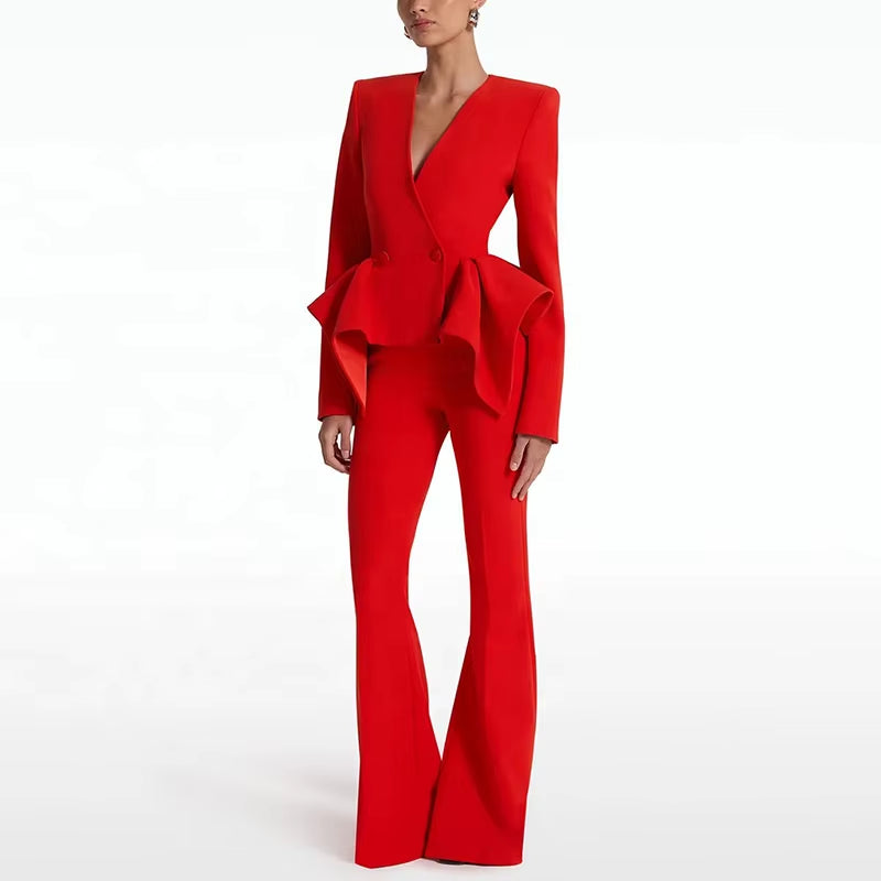 OUDINA Hotselling Stylish Elegant Red Lotus Leaf Hem Jacket Blazer Suit Flared Trousers Blazers Women'S Suits