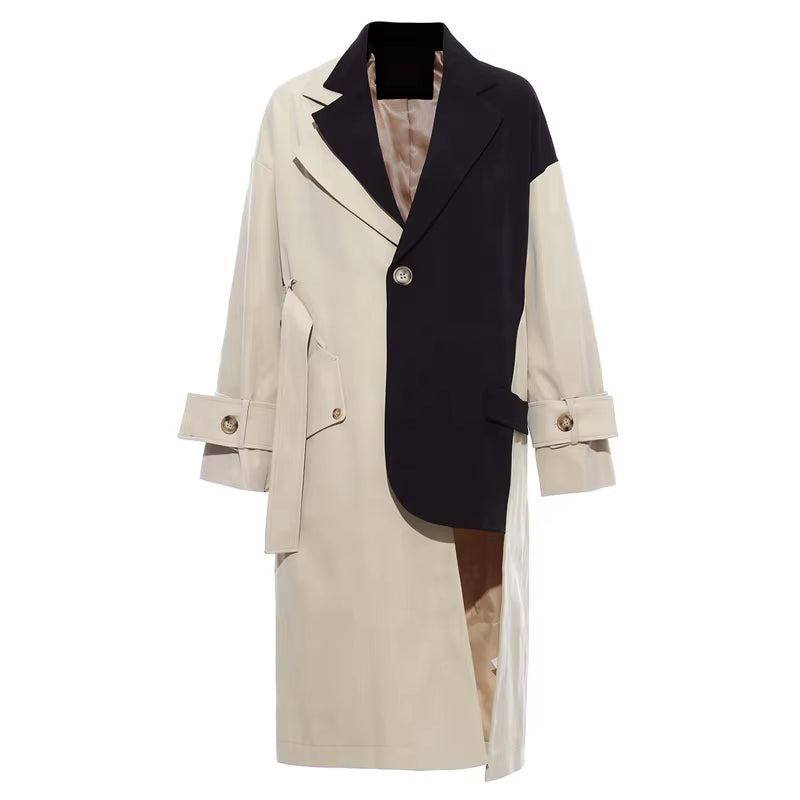 OUDINA New Asymmetrical Contrast Stitching Blazer Windbreaker Coat Ladies Winter Long Trench Coat