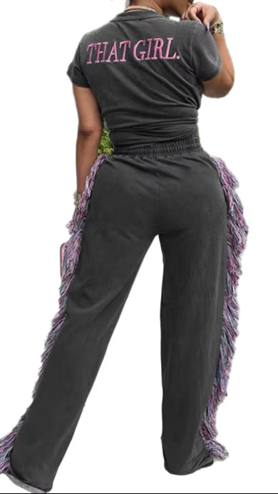 OUDINA Hotselling Casual round Neck Embroidered T-Shirt Tassel Fringed Set Casual Two Piece Pants Custom Sets for Women