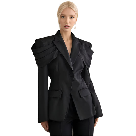 OUDINA New Loose and Versatile Pleated Spring Design Stitching Casual Blazer Suit for Women