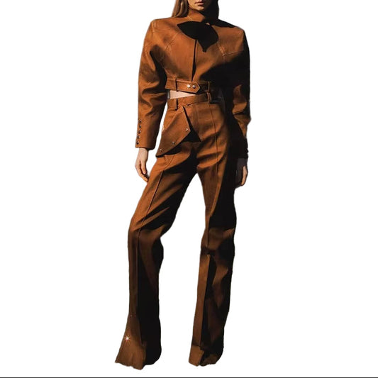 OUDINA Fashion Splice Solid Women'S Straight High Waist Pants Short Jacket Set Casual Women 2 Piece Sets Simple Sets for Women