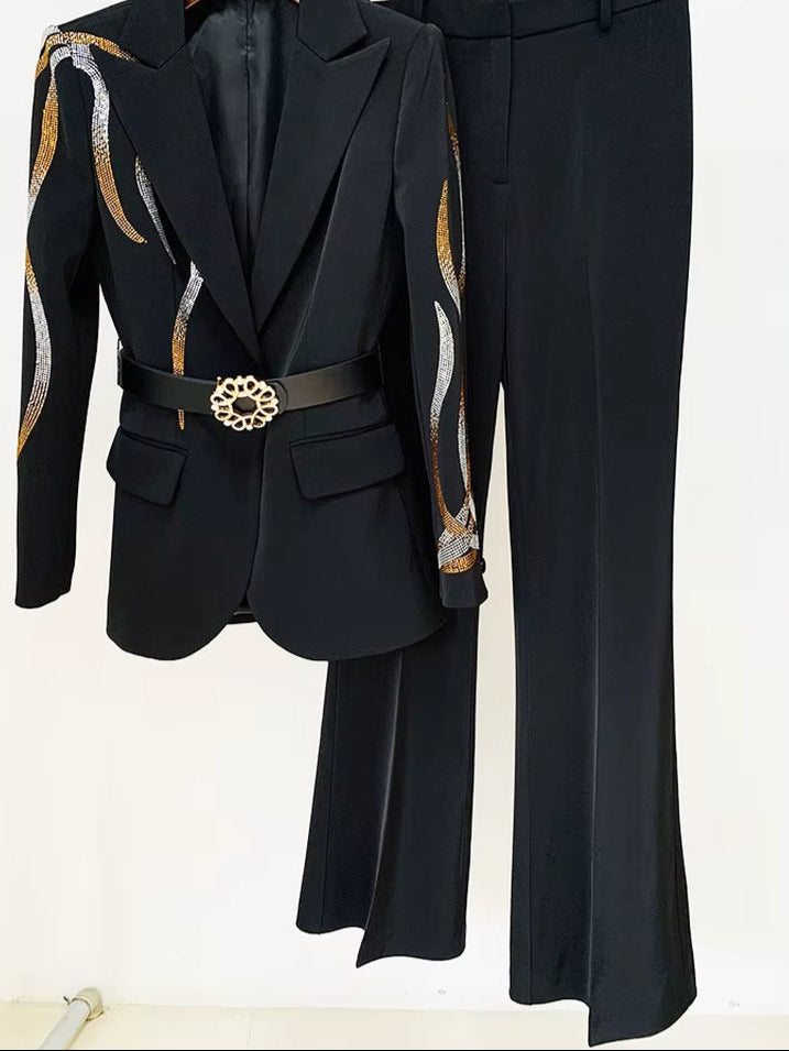 OUDINA Wholesale Office Formal Two Piece Diamond Rhinestones Belt Suit Bottom Pants & Tuxedo Blazers Women'S Suits