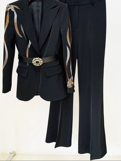 OUDINA Wholesale Office Formal Two Piece Diamond Rhinestones Belt Suit Bottom Pants & Tuxedo Blazers Women'S Suits
