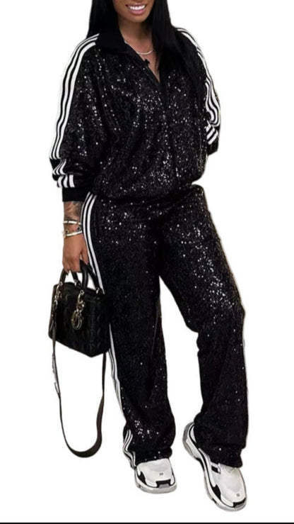 OUDINA Drop-Shipping Fashionable Sequin Pants Suit Autumn Casual Two Piece Set Women Clothing