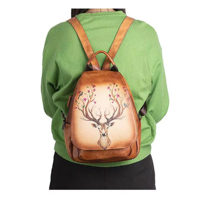 Original Design Animal Print Cowhide Leather Bag Backpack Retro Handmade Travel Bag Ladies Genuine Leather Backpack for Women