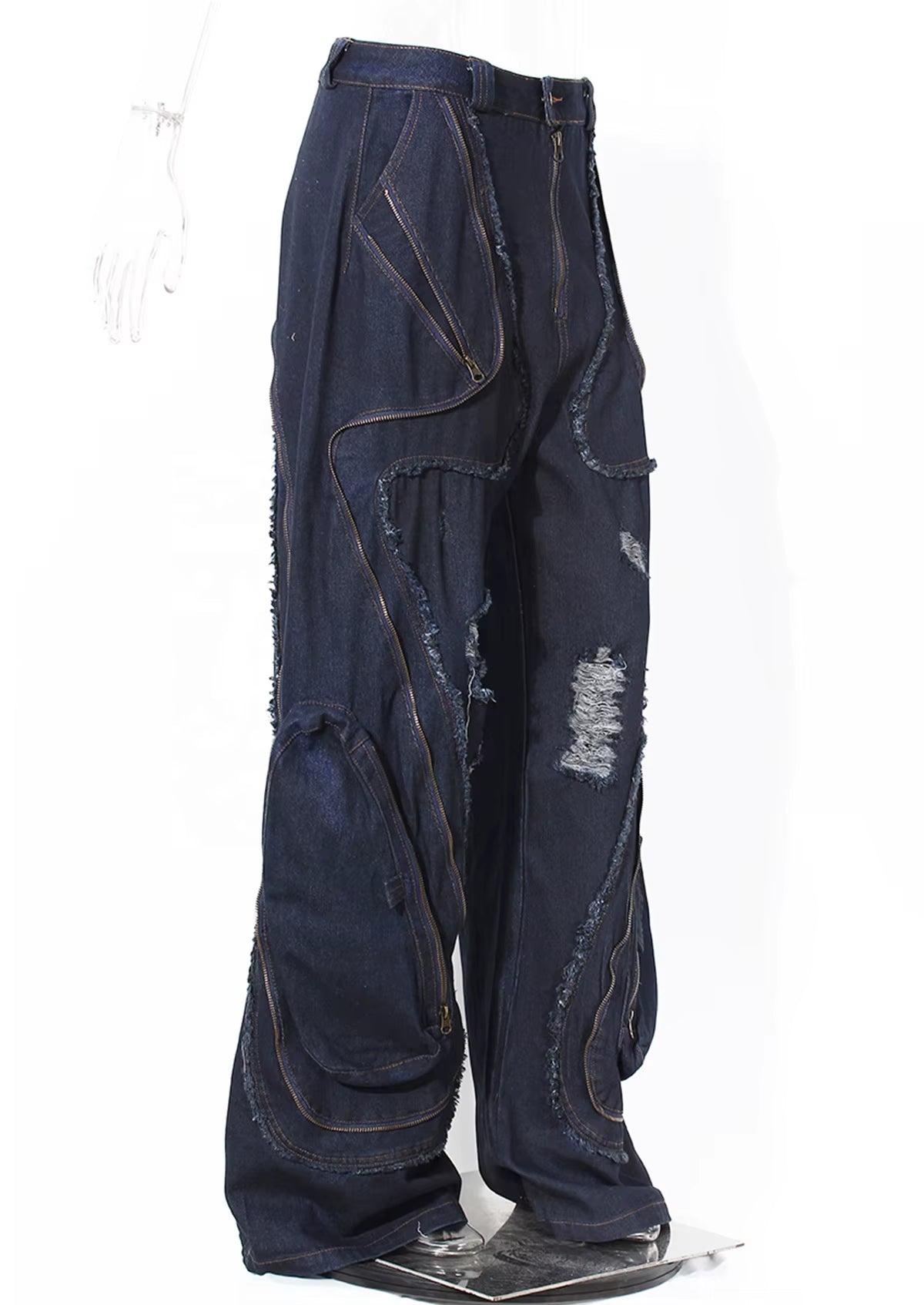 OUDINA Wholesale Women'S Clothing Baggy Distressed Ripped Straight Wide Leg Jean Casual Washed Denim Cargo Women'S Jeans